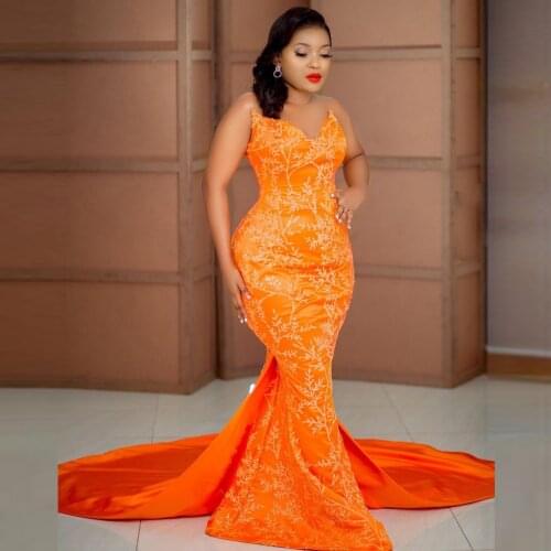 Charming Organge Aso Ebi Evening Dresses Strapless Mermaid Plus Size Satin Lace Appliques Prom Gowns With Train Sleeveless
