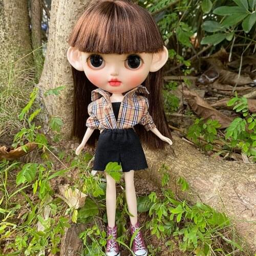 Blyth Doll Clothes Plaid Shirt+black Strapless and Black Shorts for Barbies Kerrika Linca Dolls Handmade Clothes Accessories