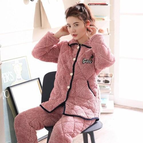 Pajama Womens Winter Thickened Flannel Three-layer Cotton Wool Warm Middle-aged Coral Cashmere Cardigan Home Clothes