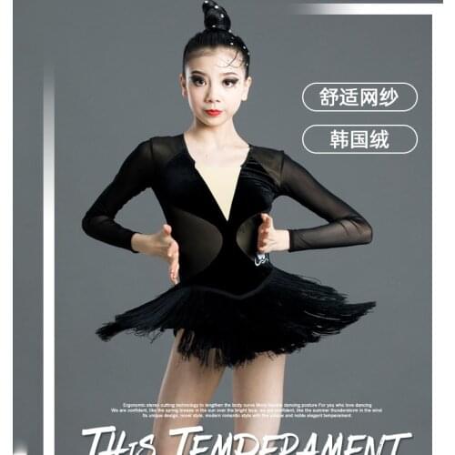 Girls Latin Dance Dress ChildrenS Black Long-Sleeved Fringed Dress Skirt Practice Clothes Salsa Competition Dance Dress SL2477