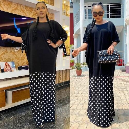 African Maxi Dress Women Polka Dot Print Black White Dresses Plus Size Boubou Nigerian Fashion Ankara Robes Party Clothing