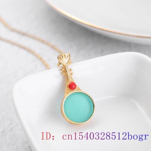 Green Jade Lute Pendant Gifts Amulet 925 Silver Chalcedony Gemstone Jewelry Natural Crystal Zircon Charm Necklace Chinese