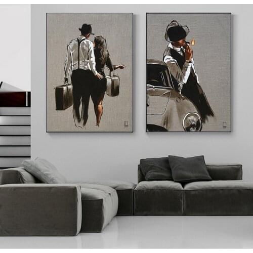 Pop Art Characters Color Sketch Drawing Chatting Couple and Smoking Man Canvas Painting Interior Decoration Painting(No Frame)