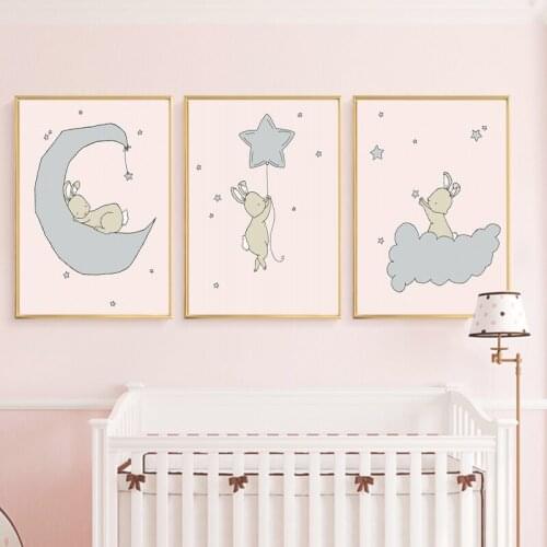 Pink Nursery Canvas Painting Bunny Moon and Stars Dream Wall Art Posters Cartoon Nordic Kids Decoration Pictures Bedroom Decor