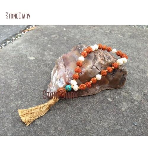 Hand knotted Freshwater Pearl & Rudraksha 27 Bead Pocket Quarter Mala Mosaic Turquoises Yoga Meditation Beads Bracelet BM11063