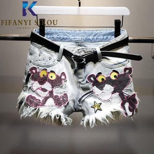 Cartoon Sequins Fashion Denim Shorts Women Pocket Tassel High waist Jeans Shorts Female Summer Loose Wide leg Short Pants Jeans