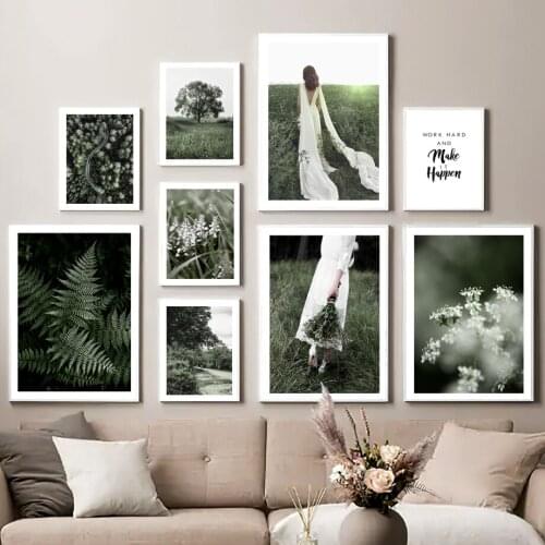 Nordic Posters And Prints Girl Wildflowers Grassland Tree Forest Green Nature Art Canvas Painting Wall Pictures Bedroom Decor
