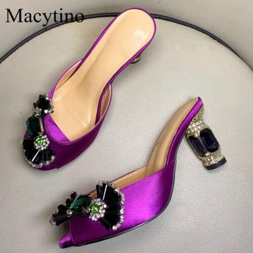 Rhinestone bow decoration ladies high-heel slippers round toe glass heel decoration high-heel slippers fashion party slippers