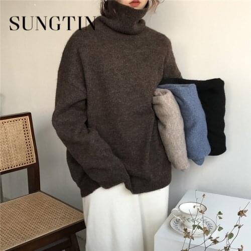Sungtin Winter Turtleneck Sweater Women Warm Soft Fleece Solid Oversize Autumn Pullover Knitted Sweater Female Vintage Loose Top