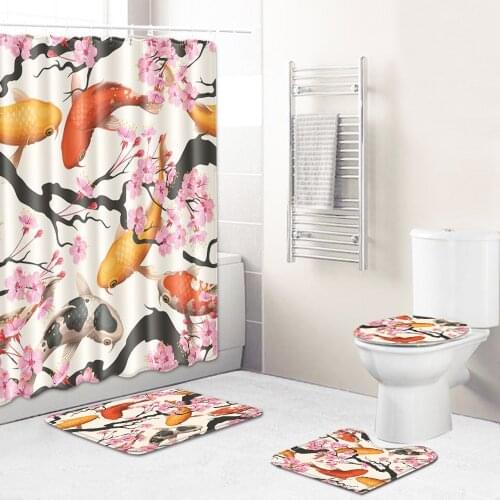 Traditional Style Home Decor Bath Mat and Waterproof Shower Curtain Set Bathroom Bath Mat Set Toilet Carpet Rug Shower Mat