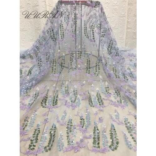 Embroidered African Tulle Lace Fabric French Net with Sequins for Party Dress
