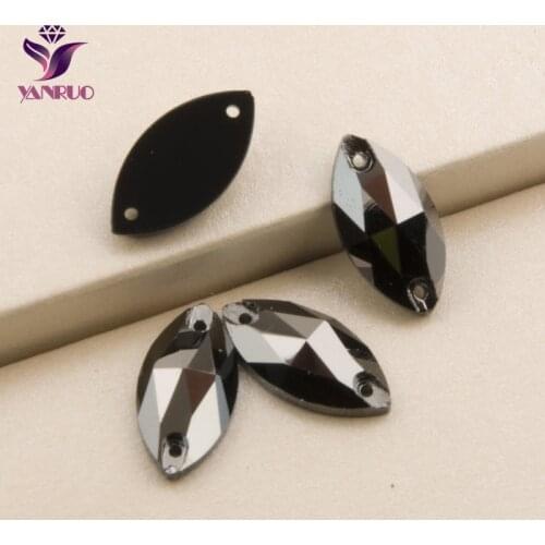 YANRUO 3223 Navette Jet Hematite Flatback Rhinestones Crystal Stone Sewing Rhinestone Sew on Stones Crystal Glass Beads