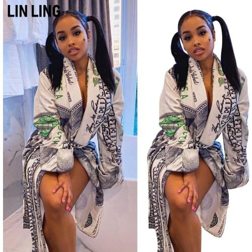 Spring Female Long Casual Fashion High Quality Solid Cardigan Print Figure Tie Waist Loose Jacket