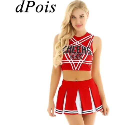 2Pcs Women Adult Cheerleading Uniform Cheerleader Cosplay Costume Set CHEER 666 Printed Sleeveless Crop Top + Mini Pleated Skirt