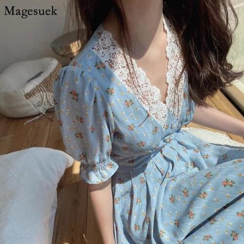Vintage Floral Chiffon Dress Women Elegant Korean Party Long Dress Puff Sleeve V Neck Midi Dresses for Women Party Vestido 13574