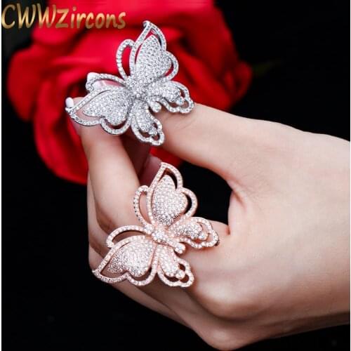 CWWZircons Luxury Brand Micro Pave Cubic Zirconia Lovely Butterfly Shape Big Rose Gold Color Wedding Ring Jewelry for Women R042