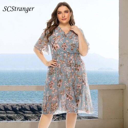 Y2k Summer Midi Dress For Women Plus Size Loose Printed Net Yarn Stitching Flying Sleeve Vacation Dresses платье