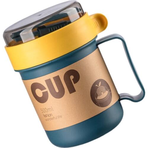 1Pc 500ml Portable Breakfast Cup with Lid Cup Soup Container Spoon (Blue)