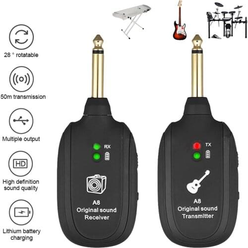2Pcs/Set A8 UHF Wireless Guitar Transmitter Receiver Guitar 4 Channels Built-in Rechargeable for Electric Guitar Bass Violin