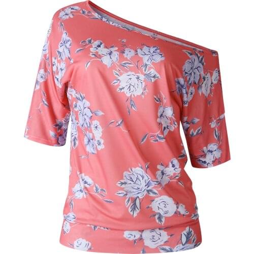 2020 Lossky Female Floral Print T Shirt Summer Sexy Slim Off Shoulder Tee Shirts Fashion Women Casual Irregular Cotton Lady Tops