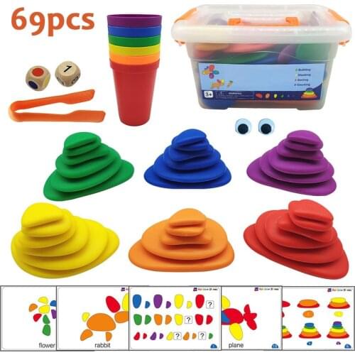 69pcs Rainbow Pebbles Blocks Toys For Kids Montessori Baby Educational Plastic Stacked Stones Stacking Game Children Toy Gift