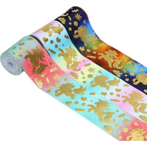 75mm gold foil cute unicorn grosgrain ribbon heat transfer printed ribbon 100yards welcome custom printed