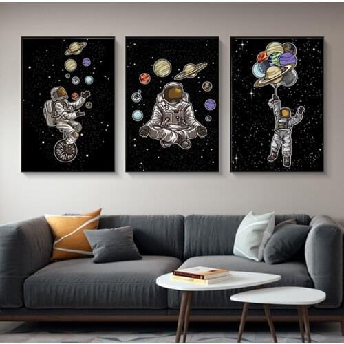 Astronaut with Planet Cartoon Nursery Child Poster Cute Art Print Wall Painting Decoration Picture Nordic Kid Baby Room Decor