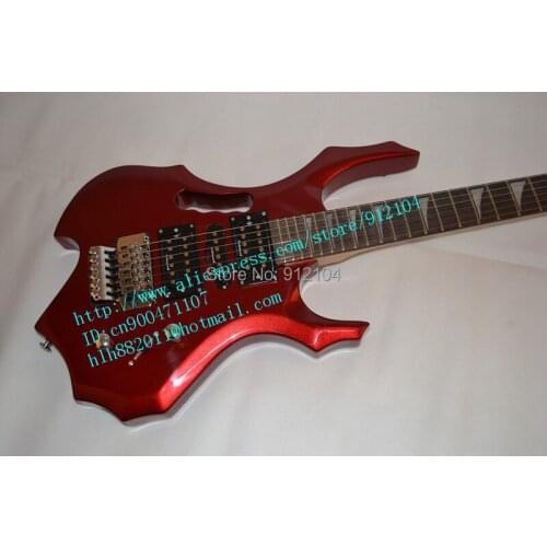 Free shipping wholesale and retail new fire electric guitar double wave in red with handle+foam box F-1148