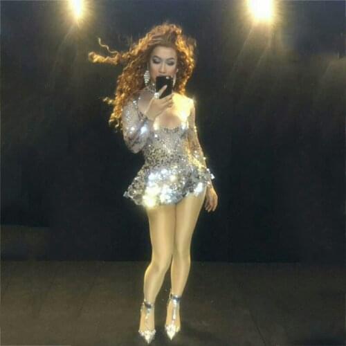Shining Silver Mirrors Stone Dress Female Singer Dancer Bright Bodysuit Women One-Piece Nightclub Party Dress Rave Outfit XS1931
