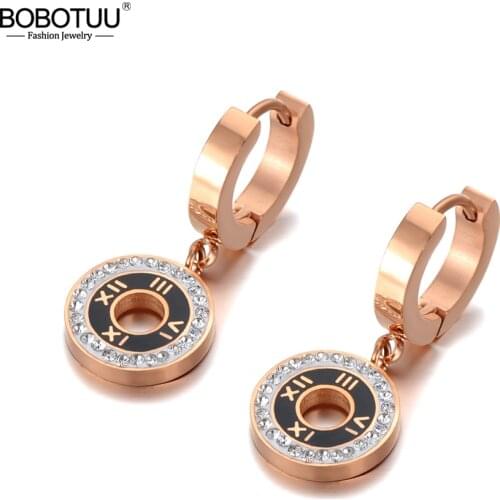 BOBOTUU Trendy Titanium Stainless Steel Shell Acrylic Roman Numeral Wedding Earrings For Women Rhinestone Hoop Earrings BE20099