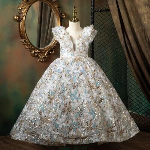 Flower Girl Dresses Illusion Sequined V-Neck Short Princess Floor-Length Tulle Lace Luxury White Elegant Kids Party Gown H614