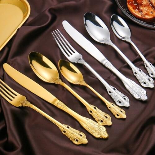 European Retro Embossed Palace Series 304 Stainless Steel Meal Spoon Steak Knife and Fork Teaspoon Cutlery Dinnerware