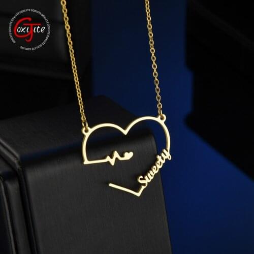 Goxijite Custom Name Heart Necklace For Women Stainless Steel Heart Beat Nameplate Pendant Necklace Lover Gift