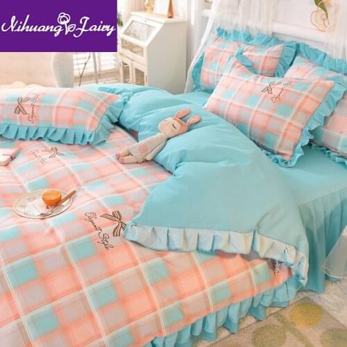 Korean version of thick twill sanding bed skirt four-piece princess style bed cover double dormitory duvet cover bedding