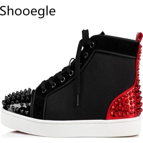 Men High Top Breathable Casual Shoes Lace Up Patchwork Sneakers Black and Red Rivets Flats Shoes Fashion Stress Shoes Men