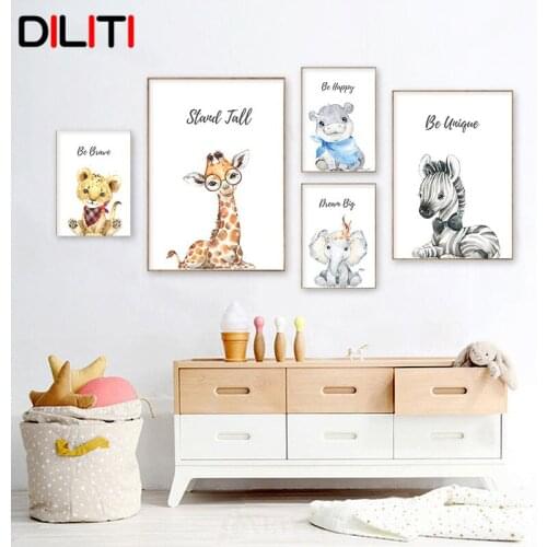 Cute Watercolor Animal Nursery Wall Art Nordic Giraffe Elephant Zebra Print Poster Picture Baby Kid Room Canvas Painting Decor
