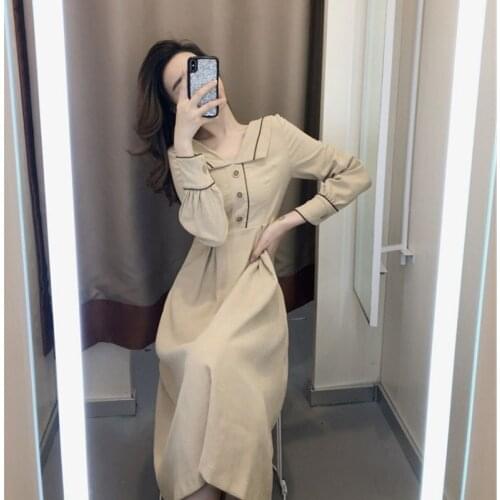 2021 Autumn Women Solid Elegant All-match Trendy High Quality Ladies Sweet Korean Style Long Sleeve A-Line Button Dress Female