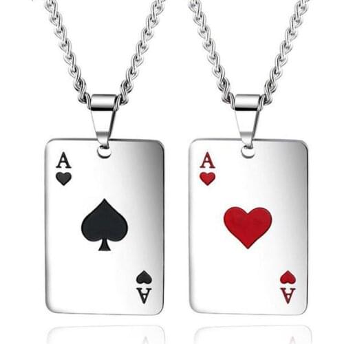Couple Steel Spades/Red Hearts Poker Pendant Necklace Mens Punk Necklace