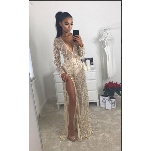 AHVIT Mesh Patchwork See Through Sequined Tassel Sexy Dress Long Sleeve Deep V Neck High Side Split Party Maxi Dress TZH-S0212