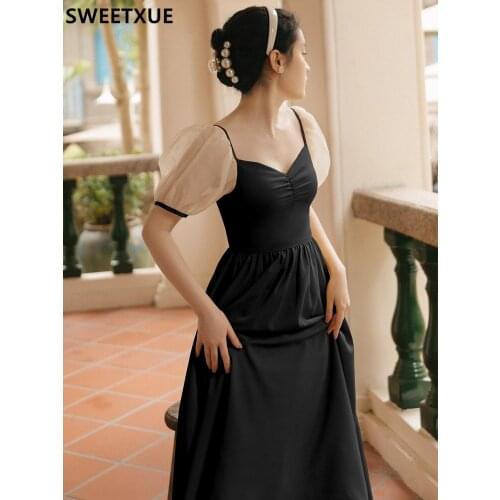 SWEETXUE Vintage Sexy V-neck Mesh Patchwork Fashion Designer Beaded Open Back High Waist Puff Sleeves Party Chic Dress Female