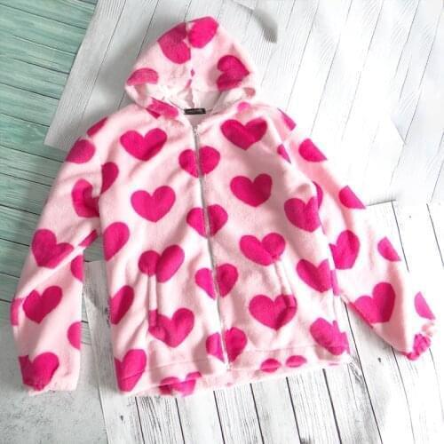 Harajuku Heart Print Plush Hoodie Men Winter 2021 Korean Fashion Oversized Long Sleeve Sweatshirt Unisex Coat Thick Warm Hoodies