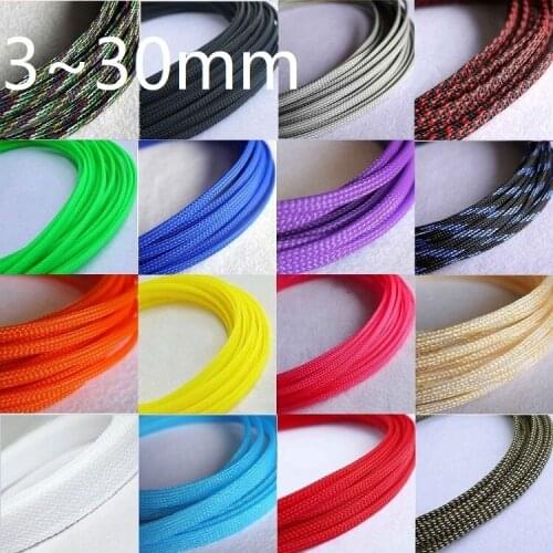 PET Expandable Cable Sleeve 2mm ~ 30mm Tight Braided High Density Hardness Insulate Line Protect Wire Wrap Gland Sheath Colorful