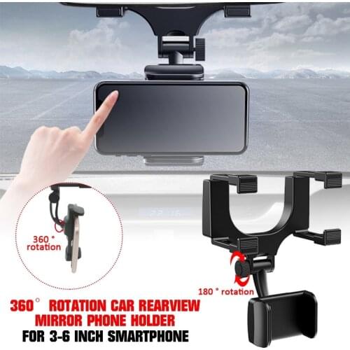 Universal ABS Plastic 360 Degrees Rotation Car Rearview Mirror Phone Holder For 3-6 Inch Smartphone Car Bracket Black
