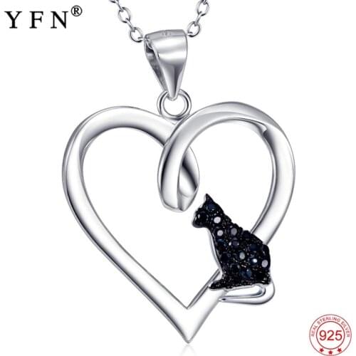 YFN 925 Sterling Silver Jewelry Heart&Black Cat Pendant Necklaces 925 Silver Chains Woman Trendy Jewelry Gift Mothers Day Gifts