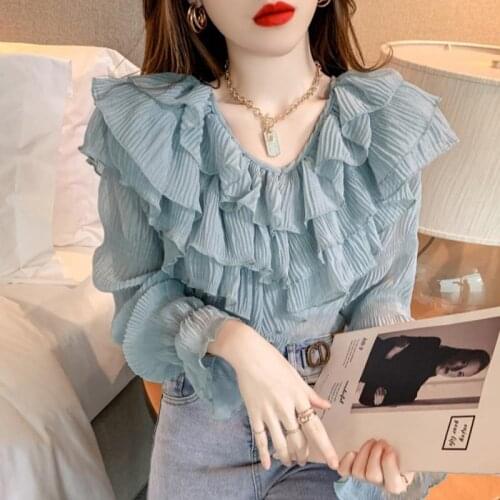 Shirt womens summer temperament blouse new long-sleeved v-neck blouse womens ruffled chiffon shirt womens long-sleeved