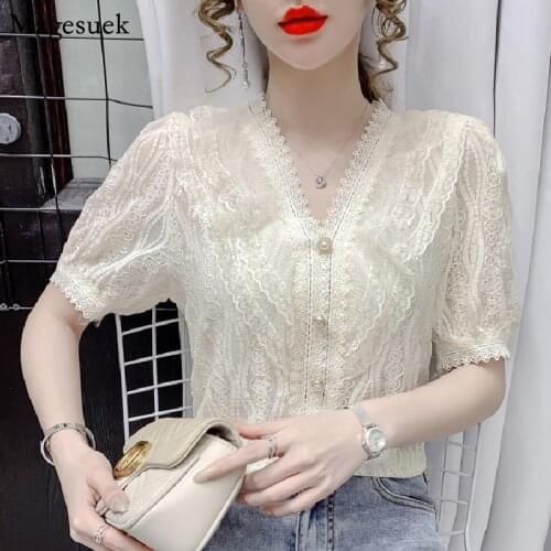 Summer Short Sleeve Chiffon Womens Shirt Summer New V Neck Lace Crochet Elegant Woman Blouses Single-breasted Ladies Tops 14190