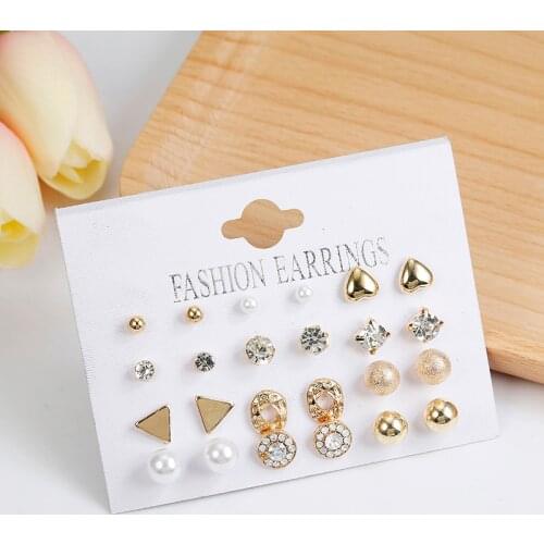 Fashion 12 pair/set Women Square Crystal Heart Stud Earrings For Women Piercing Simulated Pearl Flower Earrings Set Gift Jewelry
