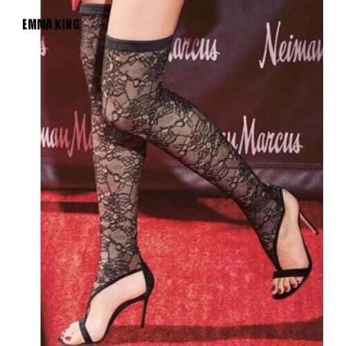 Summer Women Lace Gladiator Over The Knee Boots Cut-out Open Toe Thigh High Sandals Boots Sexy Party High Heels Shoes Women 2021