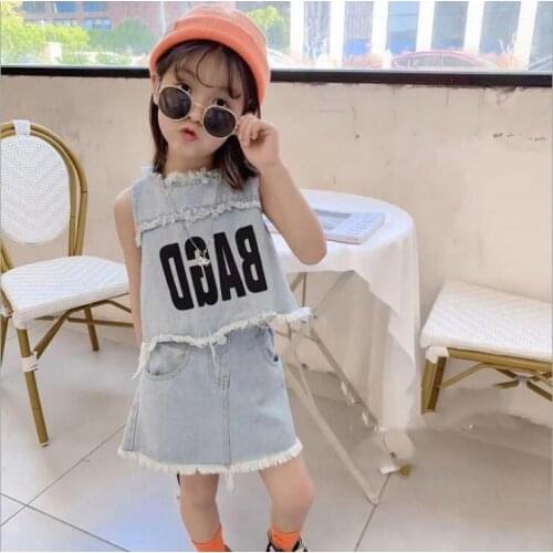 2021 Korea style girls 2 pcs denim set vest+skirt fashion summer girls suit 3-8t B394