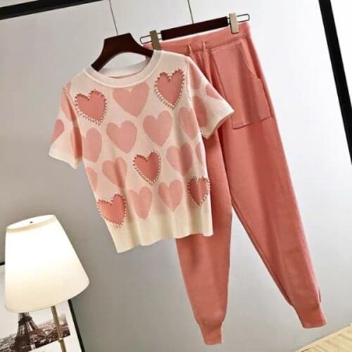 2020 New 2 Piece Sets Womens Knit Outfits Love Heart Beading Short Sleeve O-neck Tops+ Lace Up Waist double pants pocket Sets